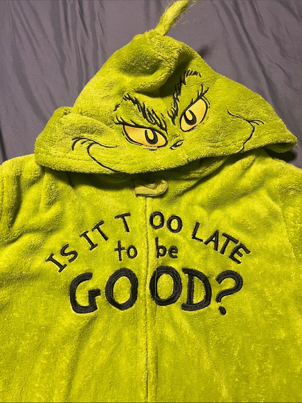 Green Grinch Hooded Kids Top with Embroidered Slogan